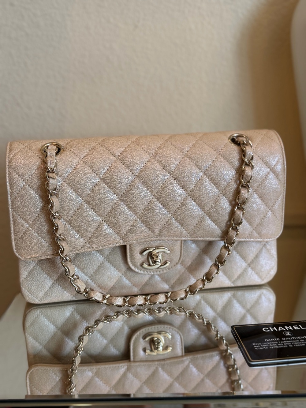CHANEL Quilted Double Flap Shoulder Bag in Light Beige with Gold Hardware